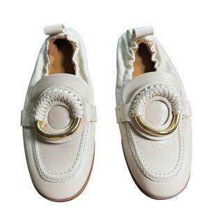 See By Chloé Hana Cream Leather Loafers Elastic Heel O Ring Women's Size 38